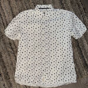 Short-Sleeve White Button-Down Shirt with Navy Cactus Print